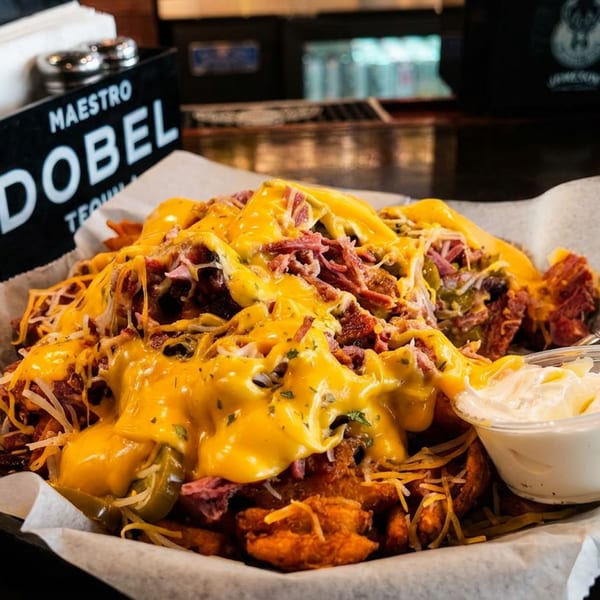 Loaded fries with melted cheese, pastrami, and jalapeños, served with a side of sour cream.